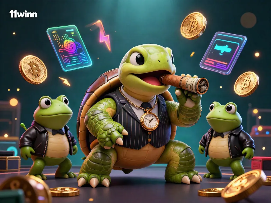 Engage with the vibrant casino scene of 11winn featuring a snapping turtle and bullfrog enforcers amidst glowing crypto elements.