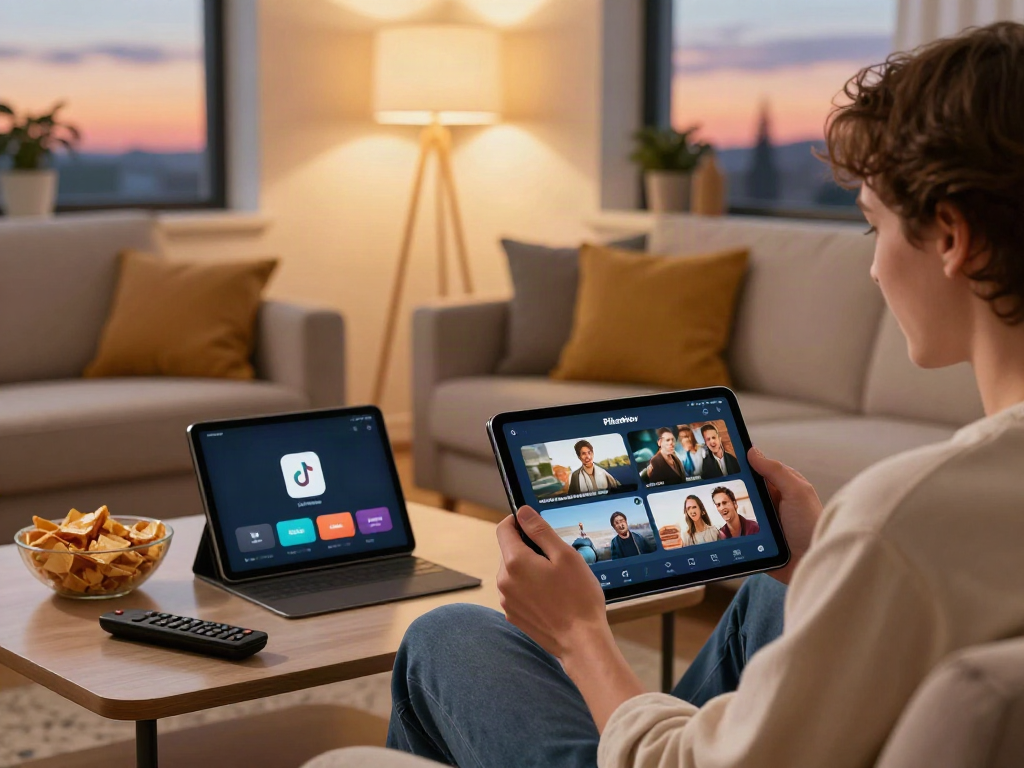 Person enjoying the Pikashow app on a smartphone, cozy living room ambiance, dynamic movie streaming scene.