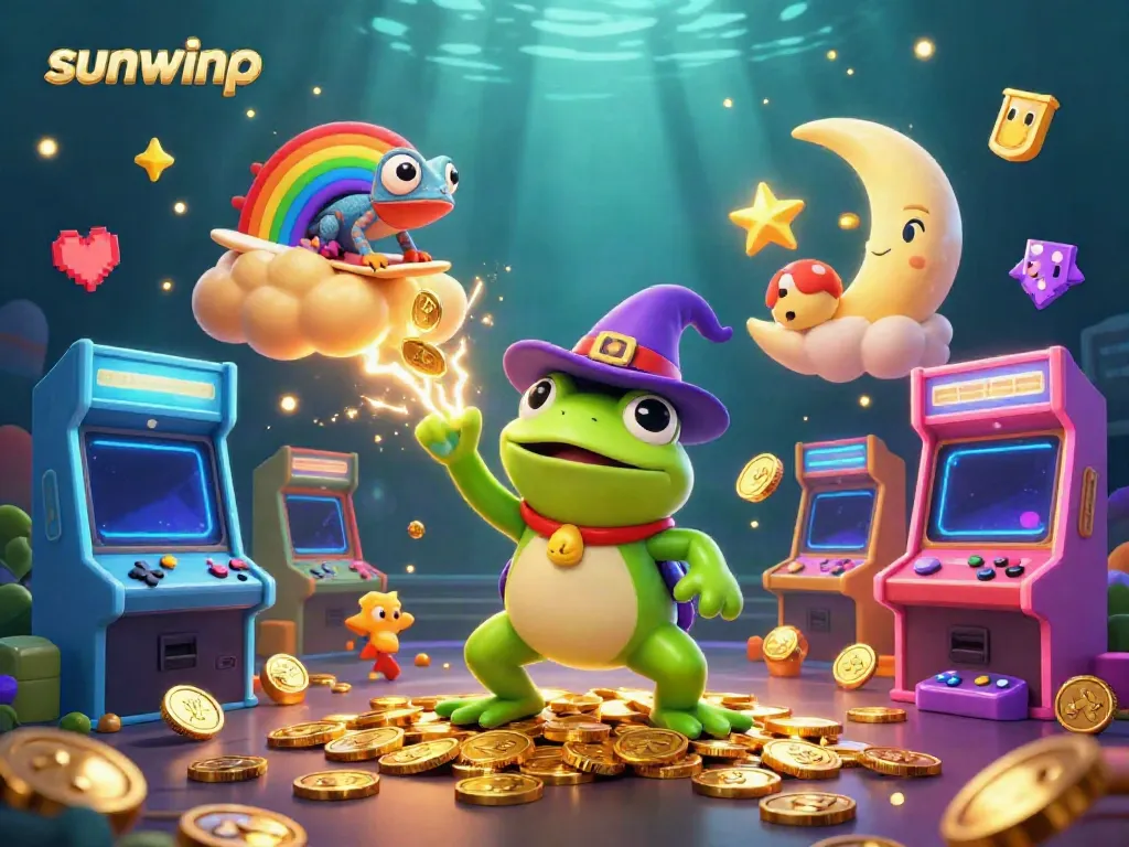 Play thrilling games at sunwinp, where a wizard frog conjures golden coins amidst colorful arcade elements.