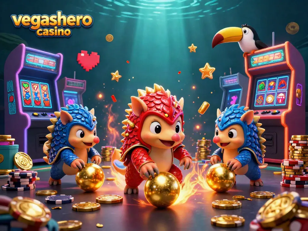Engaging scene of rival pangolins competing over golden casino elements at vegashero casino.