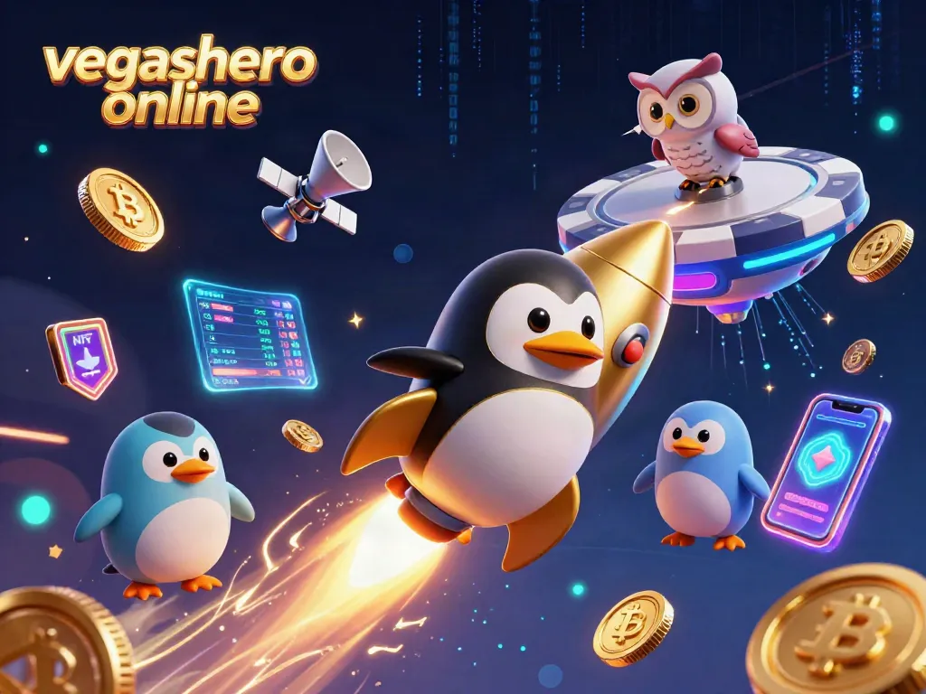Play games at vegashero online with a cartoon rocket-powered penguin in an exciting cosmic casino scene.