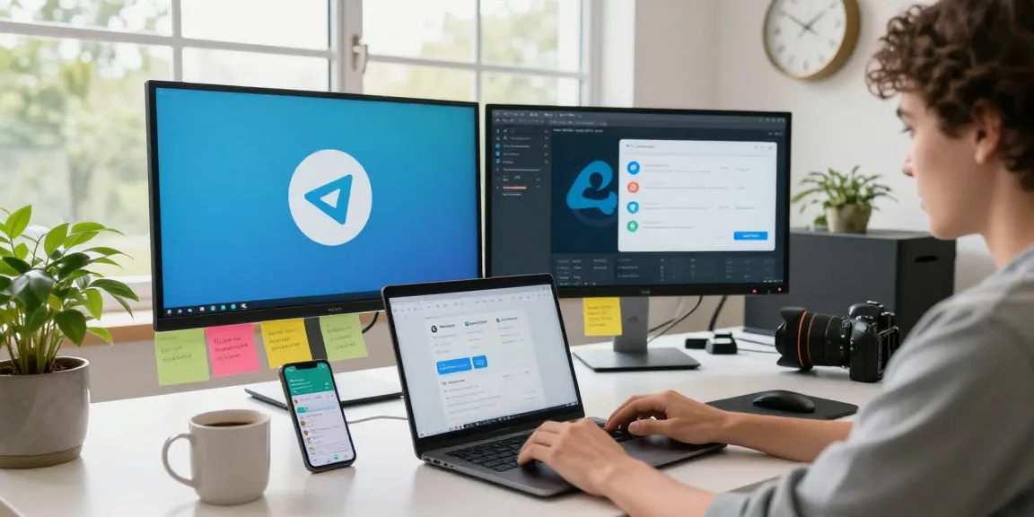 Download Telegram on a modern tech workspace showcasing user engagement with messages and features.