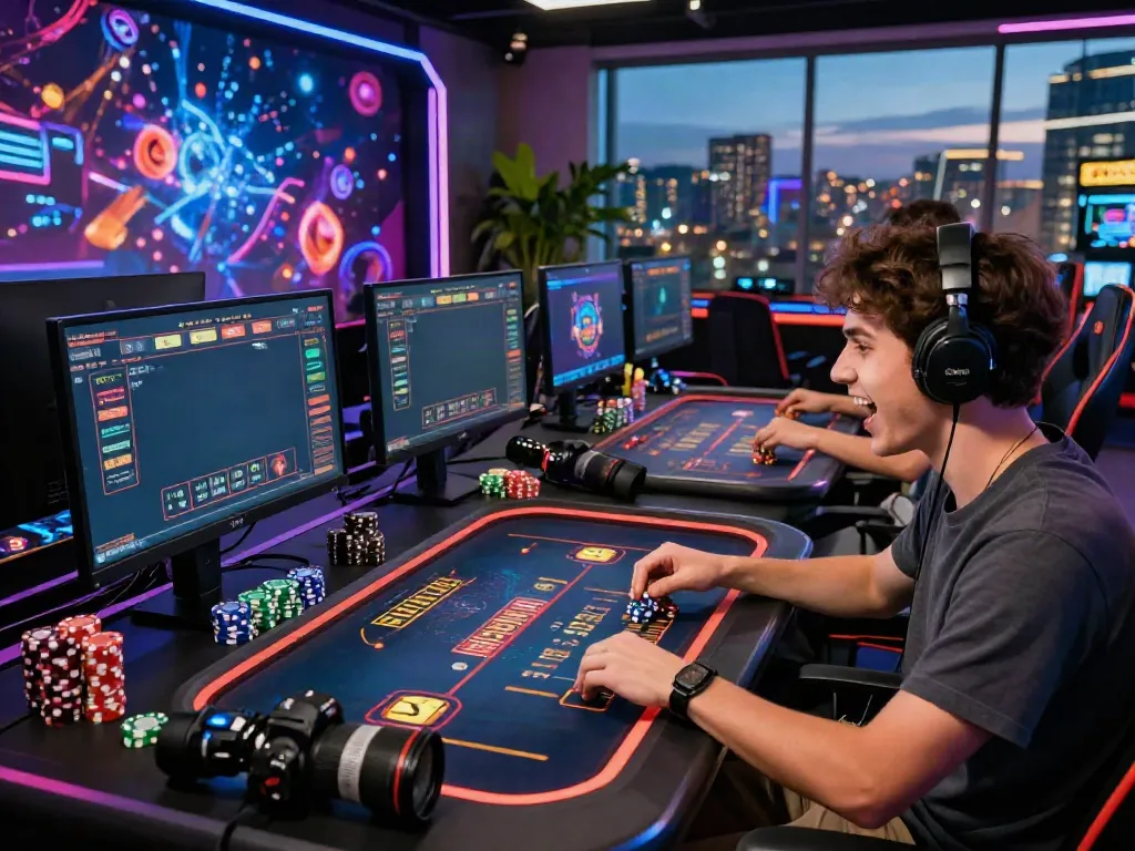 Exciting online gaming experience at https://manclub1.jp.net/ with multiple monitors displaying vibrant digital casino games.