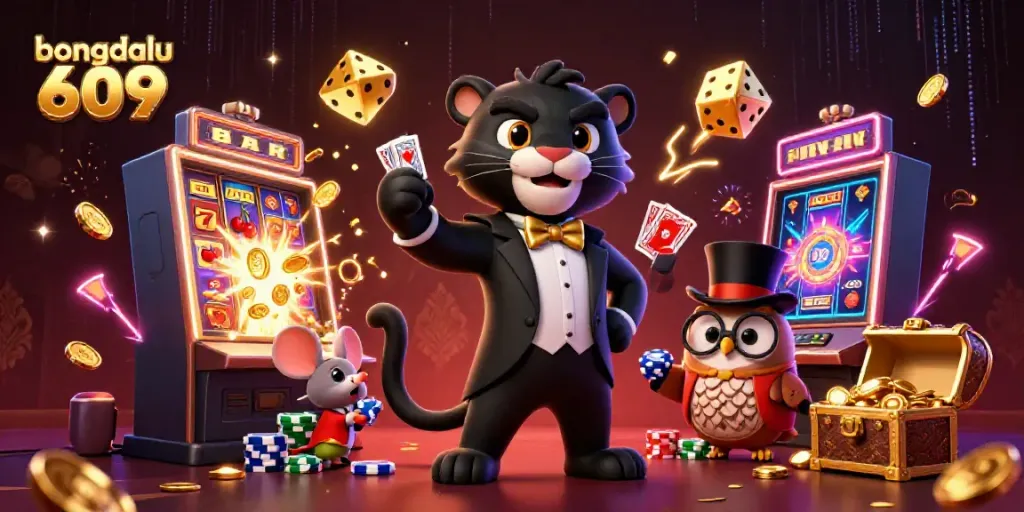Engage with bongdalu 609 in a vibrant casino scene featuring a panther dealer, owl chip holder, and lucky mouse.