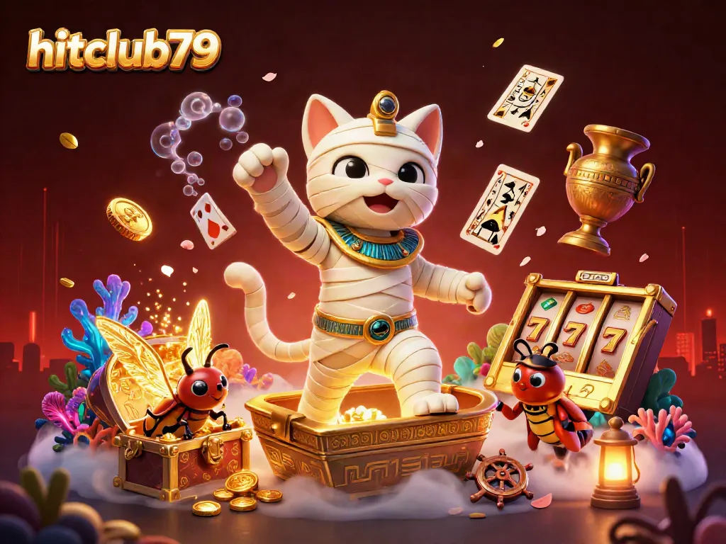 Hitclub79 features an Egyptian mummy cat and glowing scarab in an exciting casino scene.