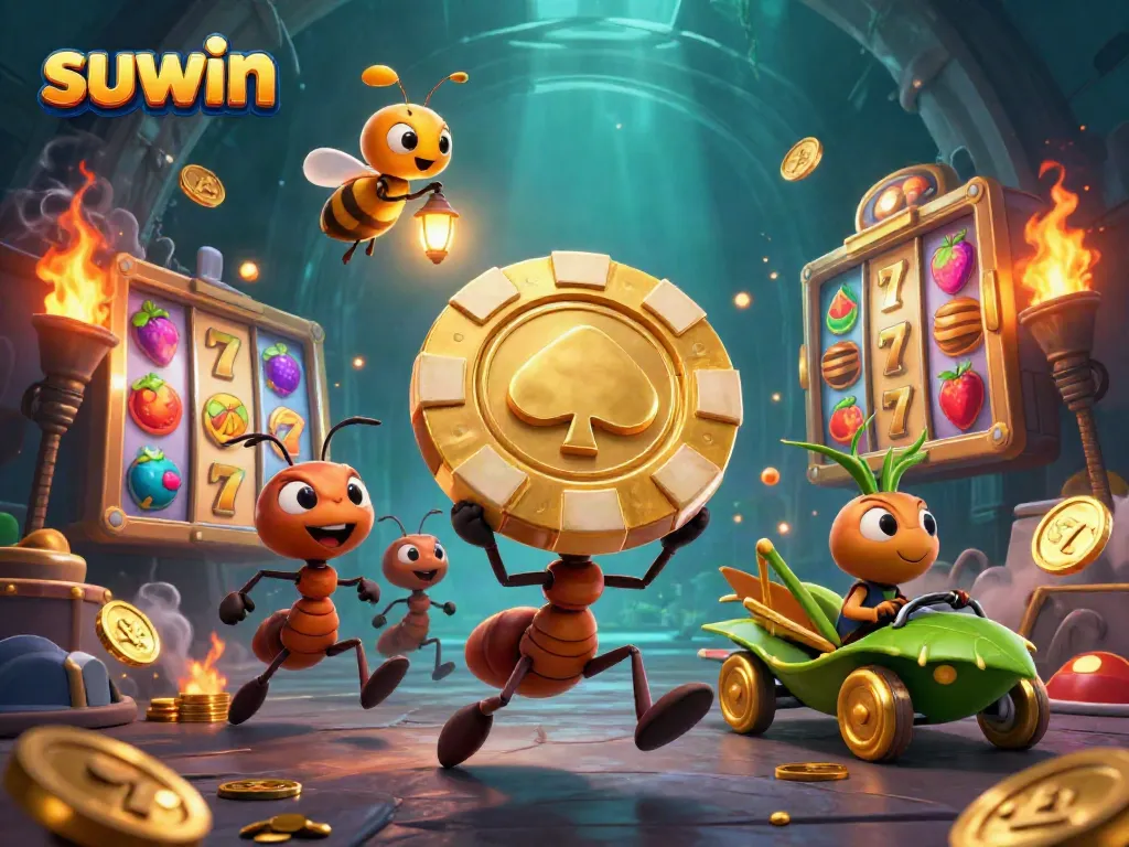 Suwin showcases a team of cartoon ants engaged in a golden gambling heist within a vibrant casino environment.