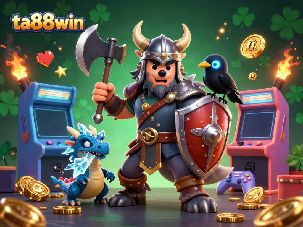 Engage in thrilling gaming joy with ta88win, featuring a Viking wolf warrior, fierce dragon, and arcade action.