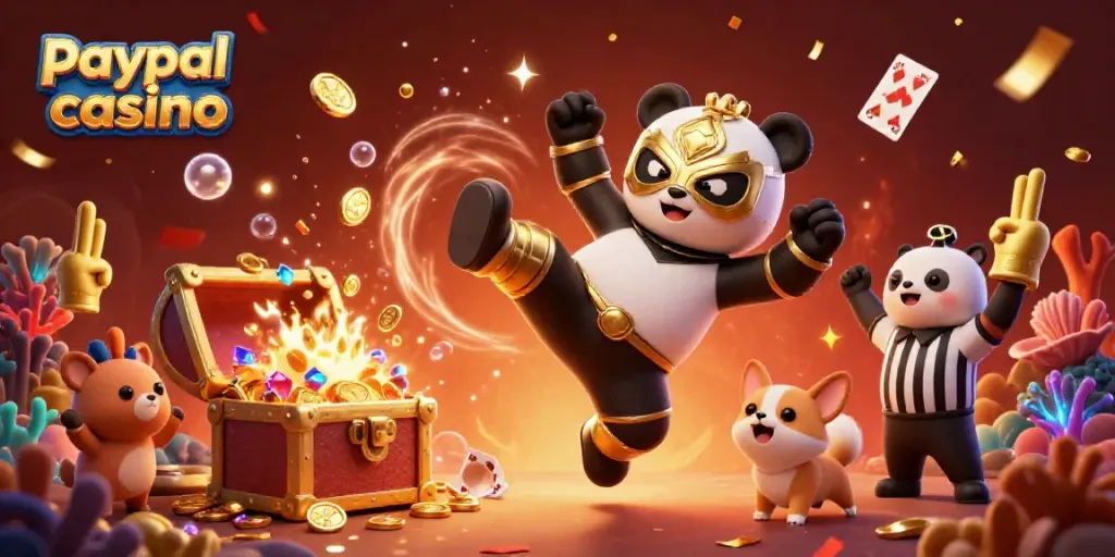 Watch a paypal casino scene with a panda wrestler and cheering animals amidst flying playing cards and treasure.
