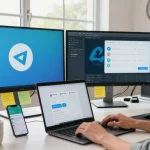 Download Telegram on a modern tech workspace showcasing user engagement with messages and features.
