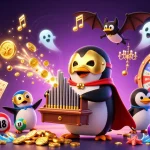 Aureon casino illustration showcasing a penguin playing an organ amidst dynamic game elements like vibrant lottery balls and golden tickets.