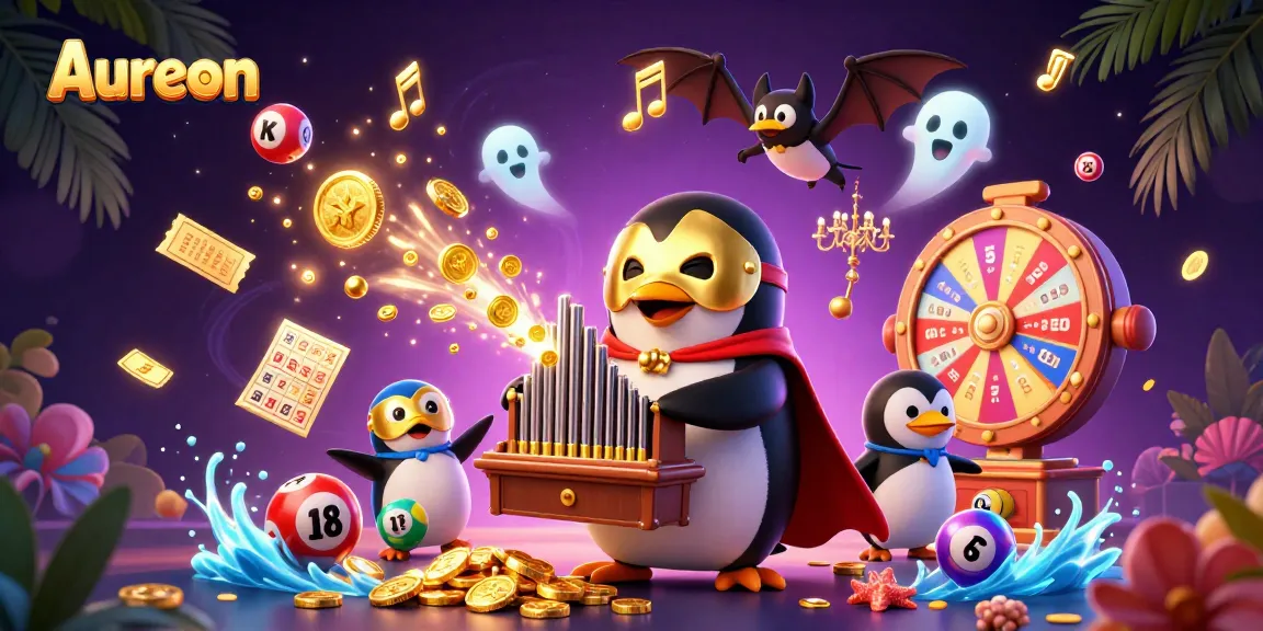 Aureon casino illustration showcasing a penguin playing an organ amidst dynamic game elements like vibrant lottery balls and golden tickets.
